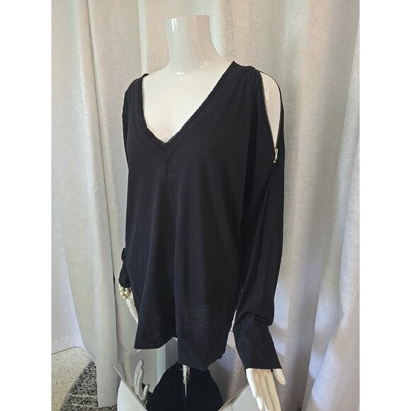 Rachel Roy Women V-Neck T Shirt Cold Zip Open Cold Shoulders Black Large Sexy - Picture 4 of 14